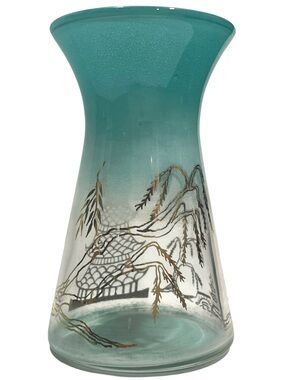 Vintage 1950s Bartlett-Collins Aqua Blue Glass Vase - Asian Pagoda & Willow Tree